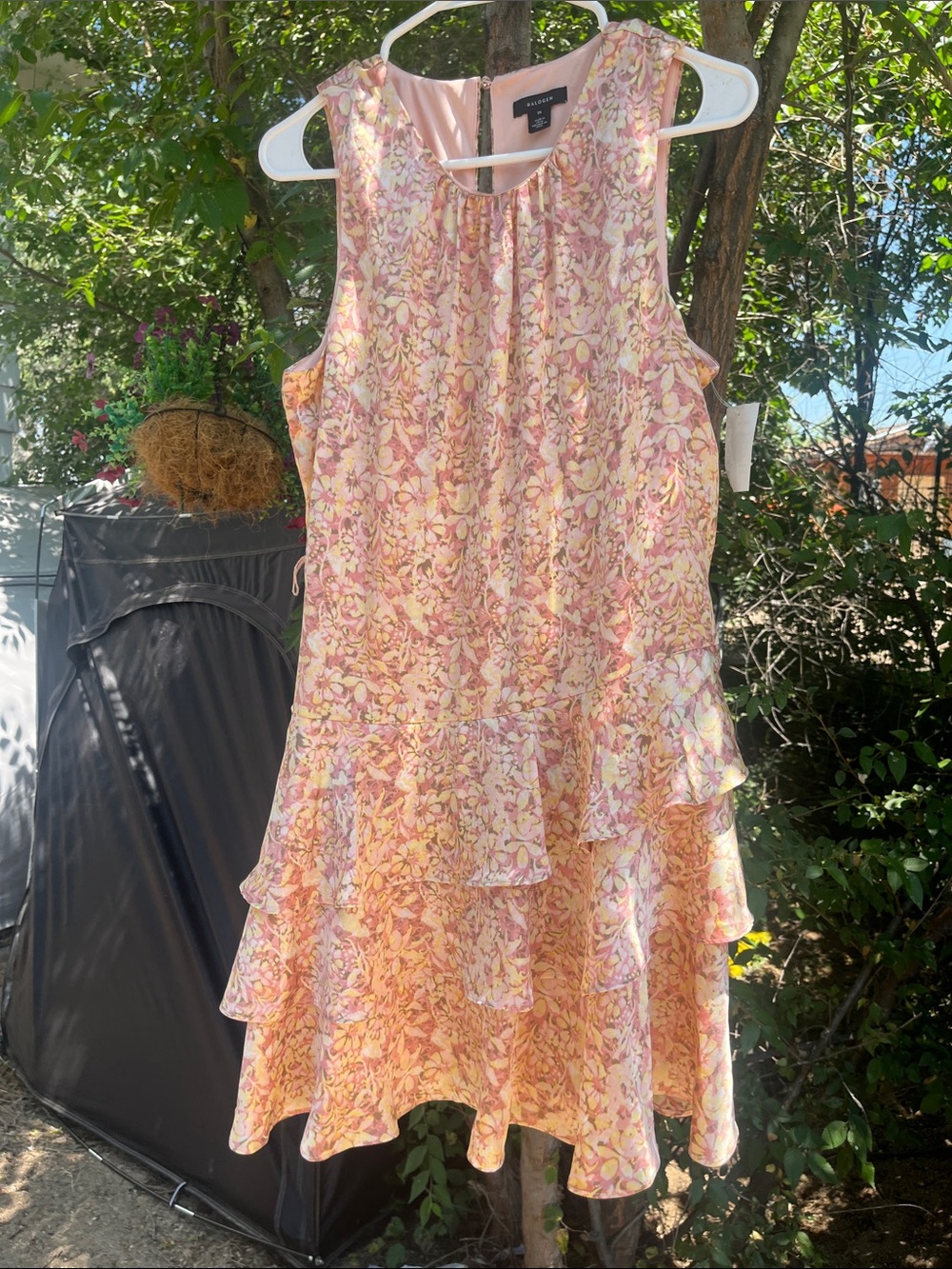 Sugar peach tiered Halogen Pink and Yellow Floral Ruffle Dress